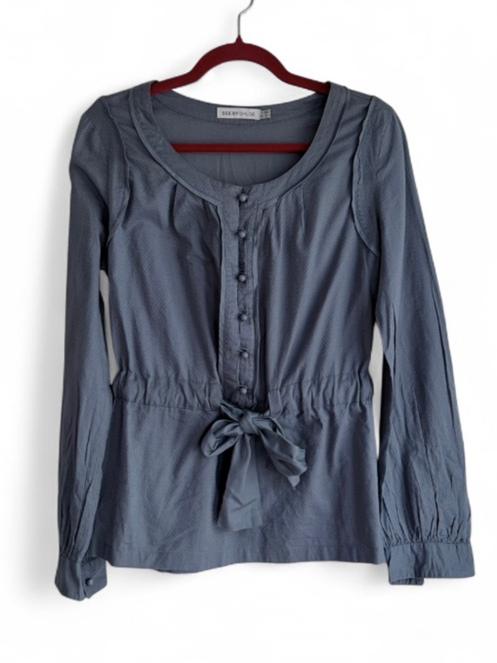 See by Chloe Blue 100% Cotton Long Sleeve Button Down Tie Waist Blouse Size 8